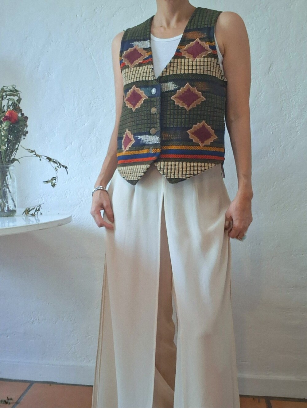 90s Vintage Boho Western Jane Ashely Aztec Leather Tapestry Vest